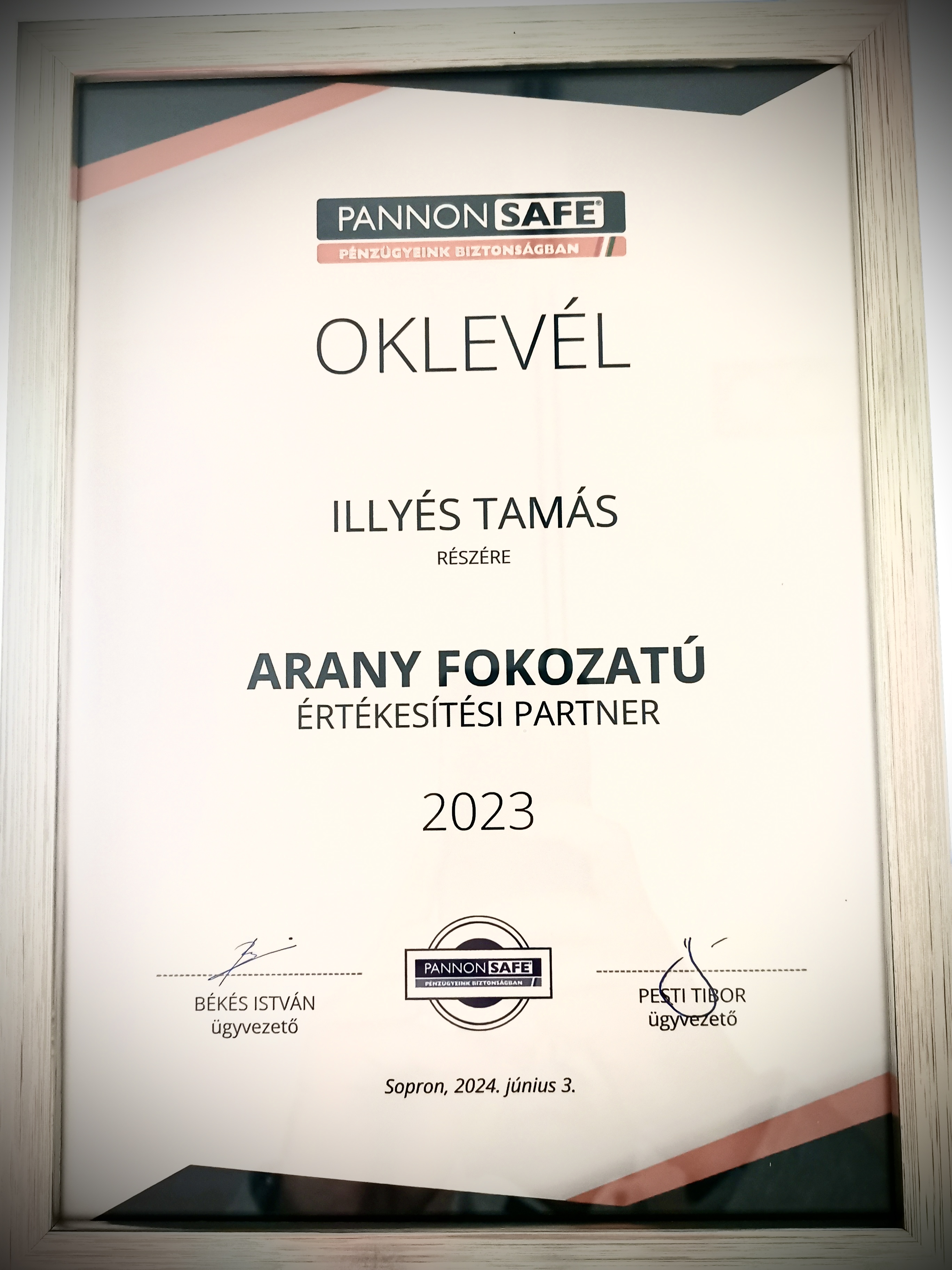 PANNONSAFE - Arany Fokozatú Értékesítési Partner 2023